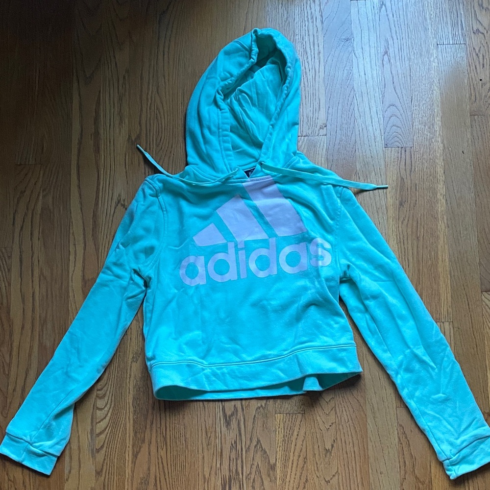 Adidas Aqua Blue Cropped Hoodie with Logo